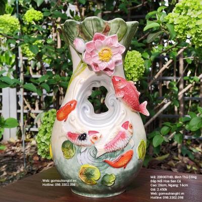 BÌNH HOA THỦ CÔNG ĐẮP NỔI HOA SEN CÁ - QUÀ TẶNG TÂN GIA, TRANG TRÍ NHÀ CỬA CAO CẤP